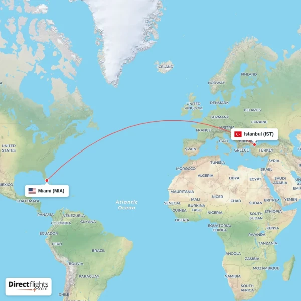 Istanbul - Miami direct flight map