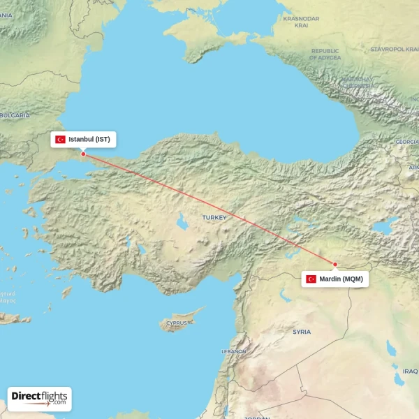 Istanbul - Mardin direct flight map