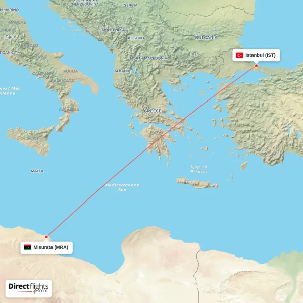 Istanbul - Misurata direct flight map