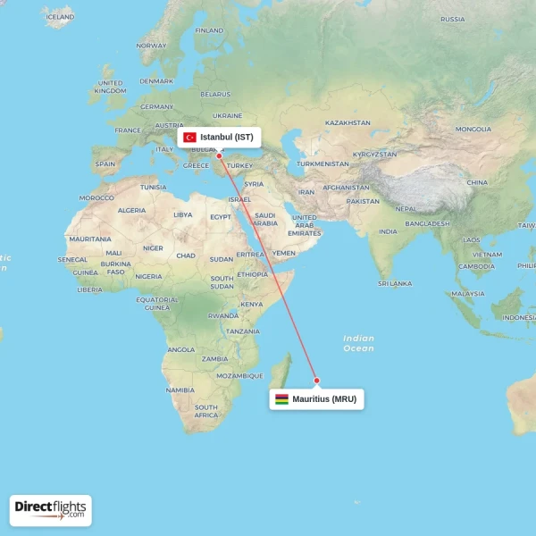 Istanbul - Mauritius direct flight map