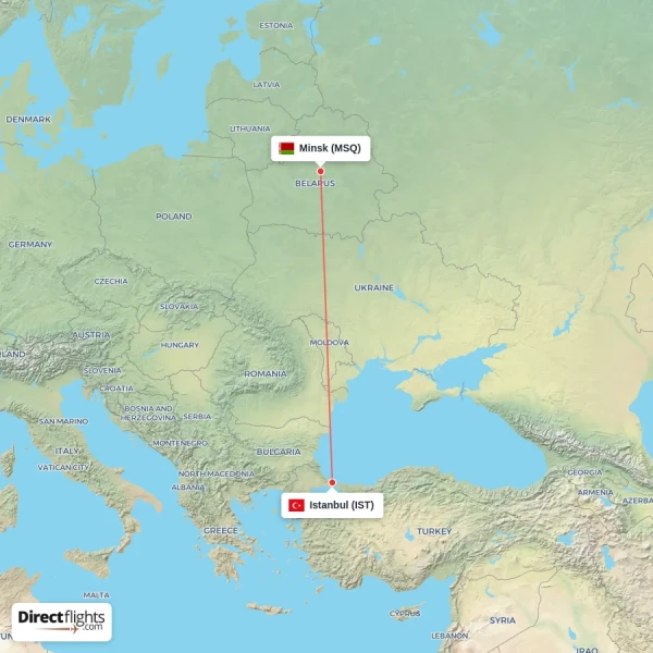 Istanbul - Minsk direct flight map