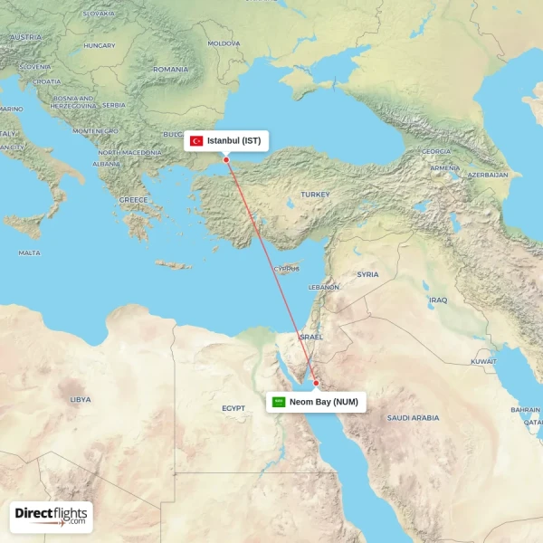 Istanbul - Neom Bay direct flight map