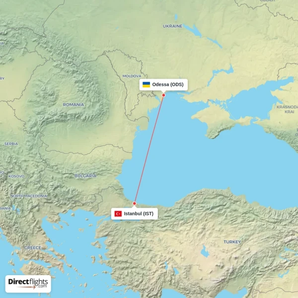 Istanbul - Odessa direct flight map