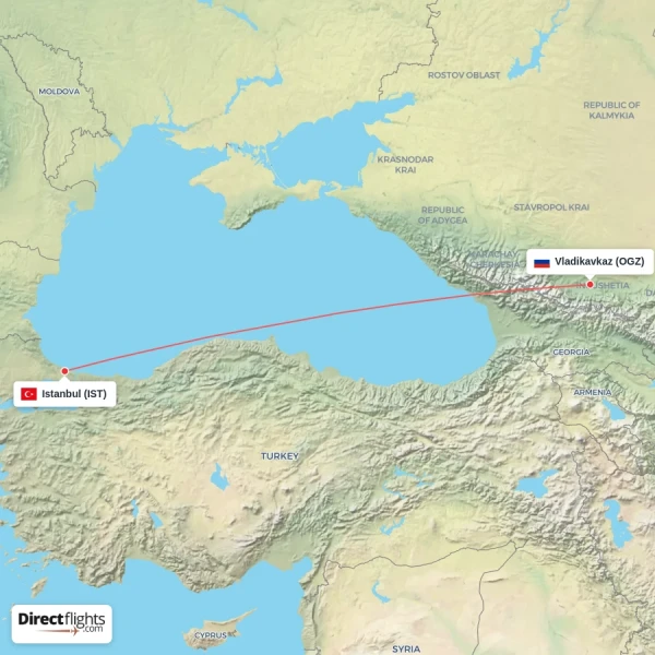 Istanbul - Vladikavkaz direct flight map