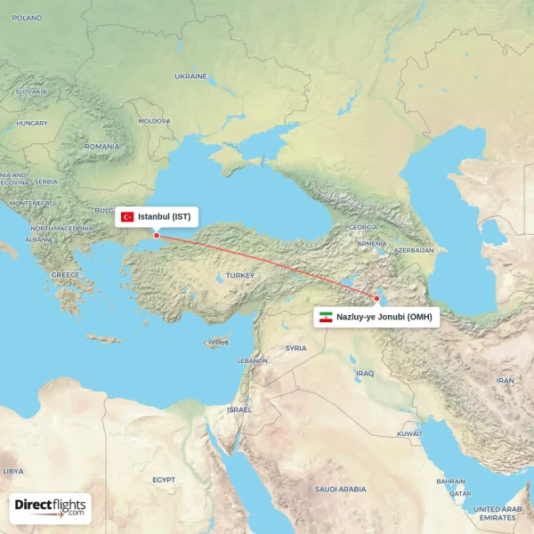 Istanbul - Nazluy-ye Jonubi direct flight map
