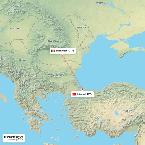 Istanbul - Bucharest direct flight map