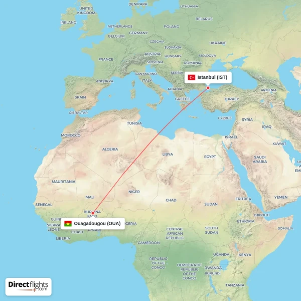 Istanbul - Ouagadougou direct flight map