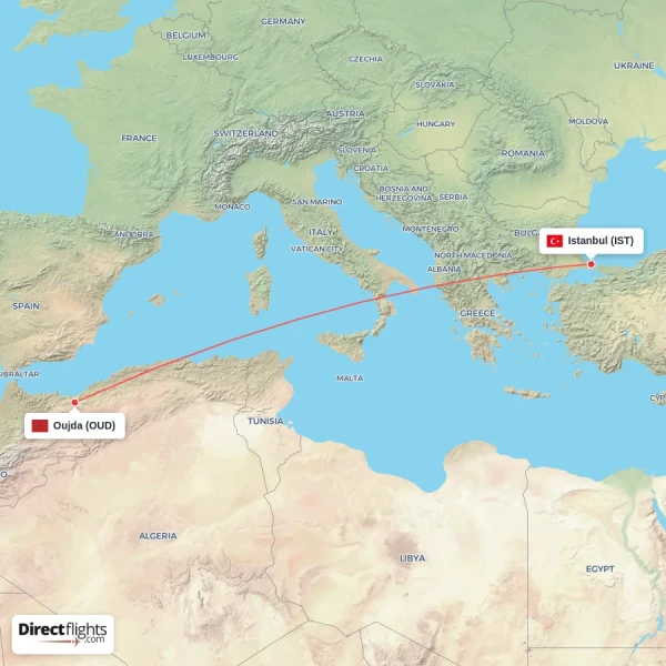 Istanbul - Oujda direct flight map