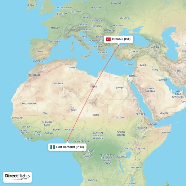 Istanbul - Port Harcourt direct flight map