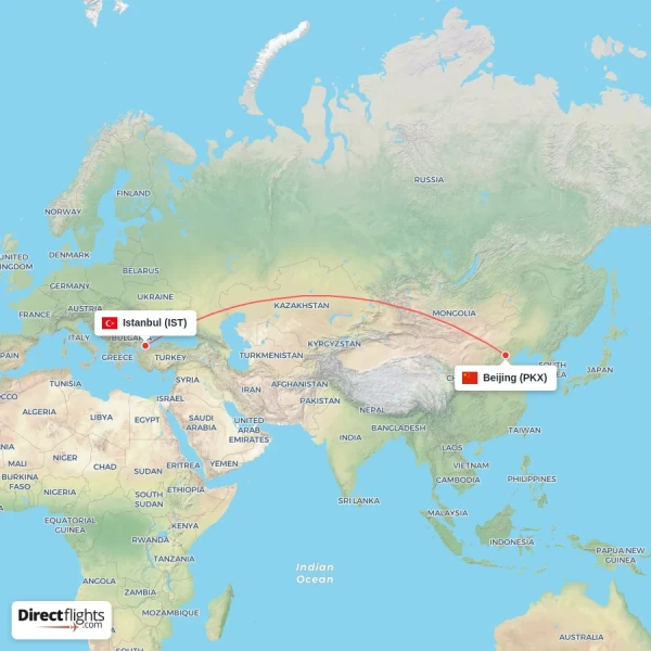 Istanbul - Beijing direct flight map