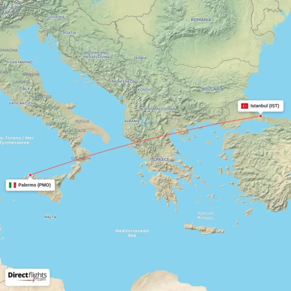 Istanbul - Palermo direct flight map
