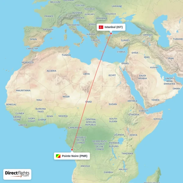 Istanbul - Pointe Noire direct flight map