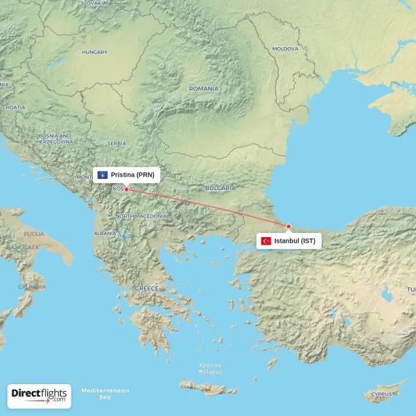 Istanbul - Pristina direct flight map