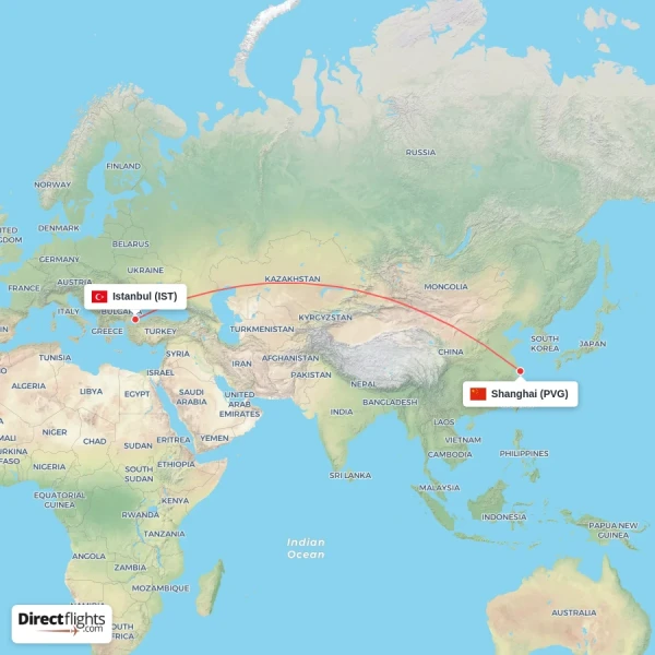 Istanbul - Shanghai direct flight map