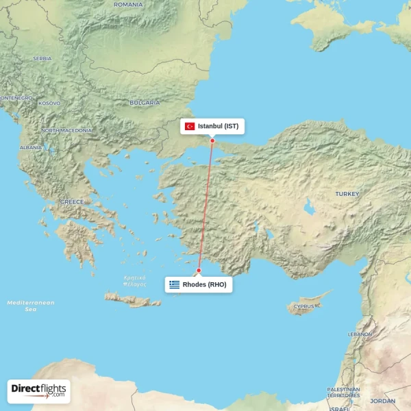Istanbul - Rhodes direct flight map