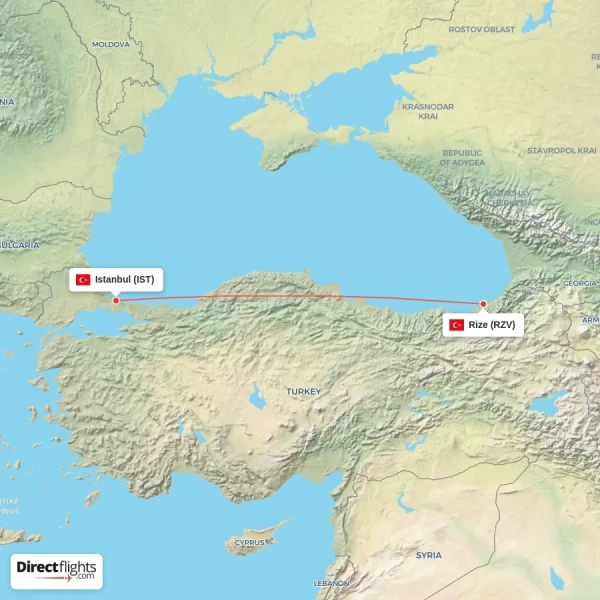 Istanbul - Rize direct flight map