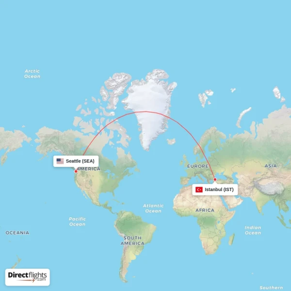 Istanbul - Seattle direct flight map
