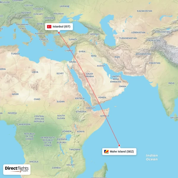 Istanbul - Mahe Island direct flight map