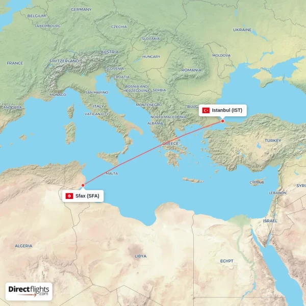 Istanbul - Sfax direct flight map