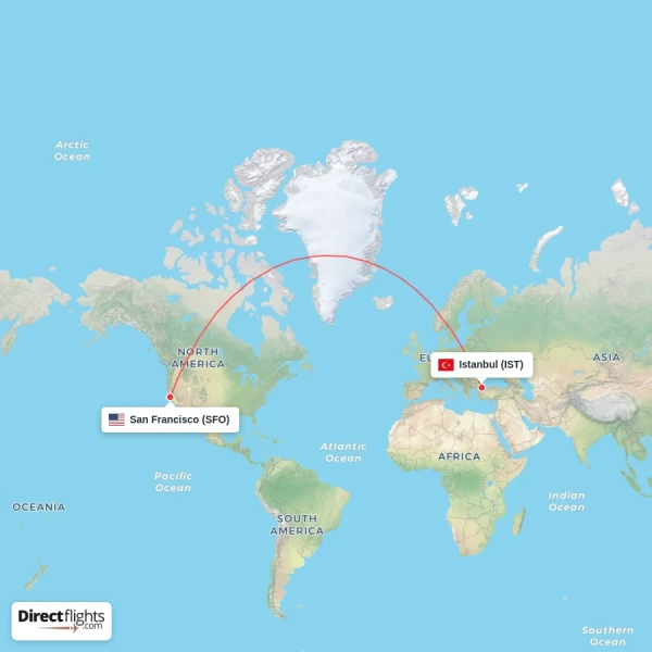 Istanbul - San Francisco direct flight map