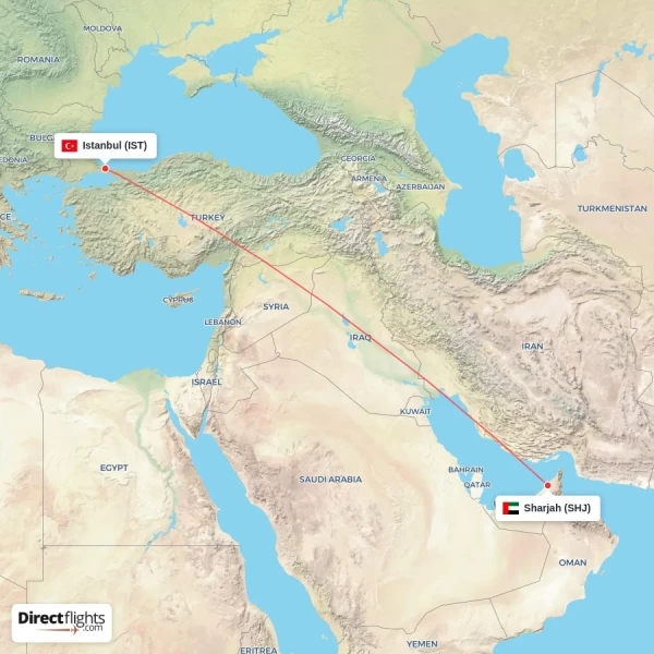 Istanbul - Sharjah direct flight map