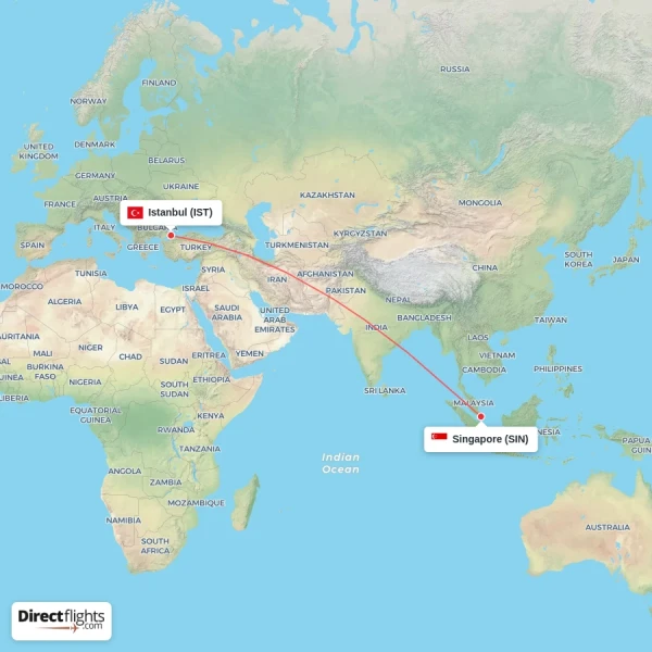 Istanbul - Singapore direct flight map