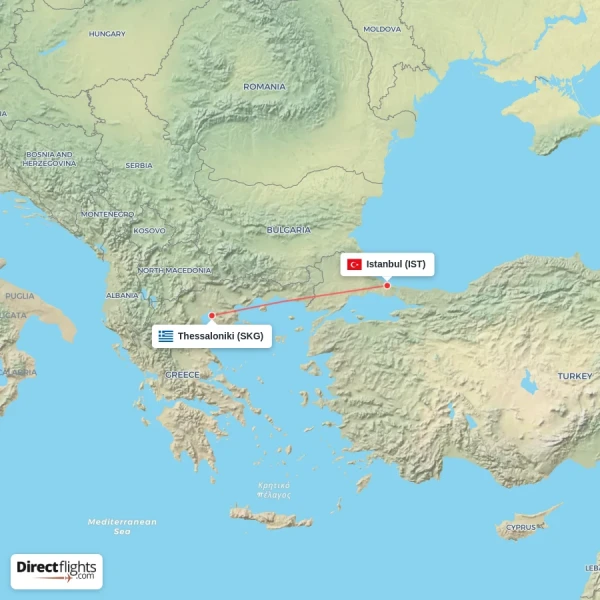 Istanbul - Thessaloniki direct flight map