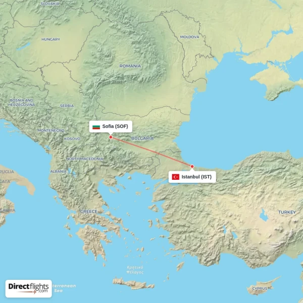 Istanbul - Sofia direct flight map
