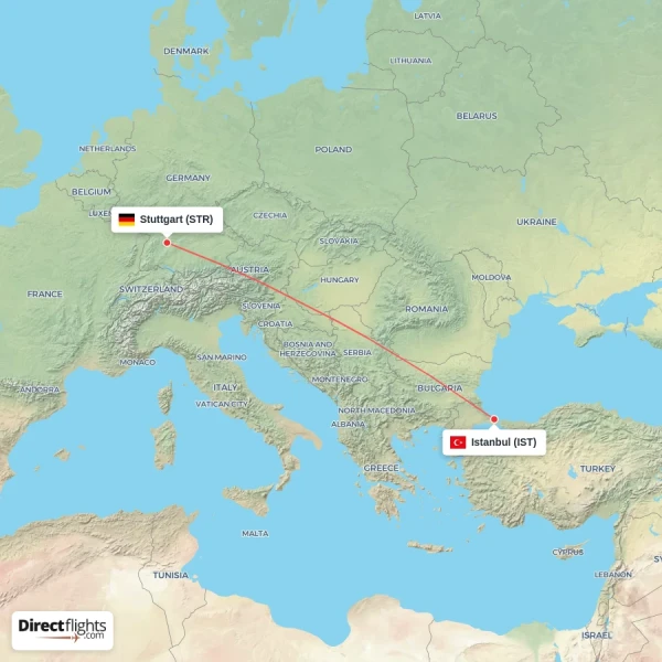 Istanbul - Stuttgart direct flight map