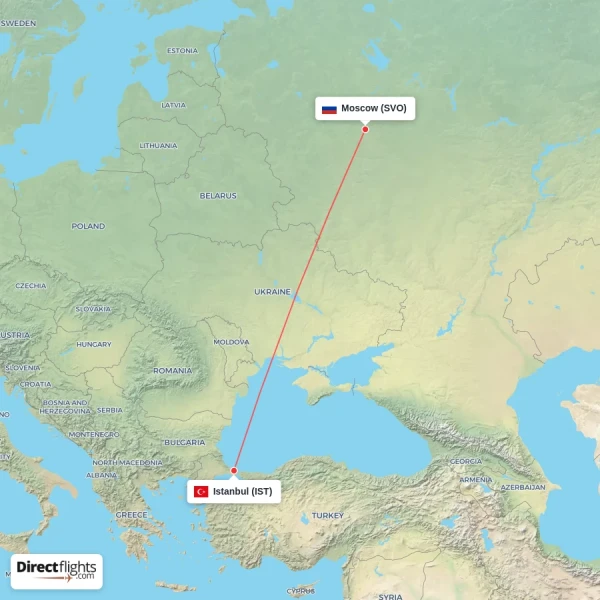 Istanbul - Moscow direct flight map