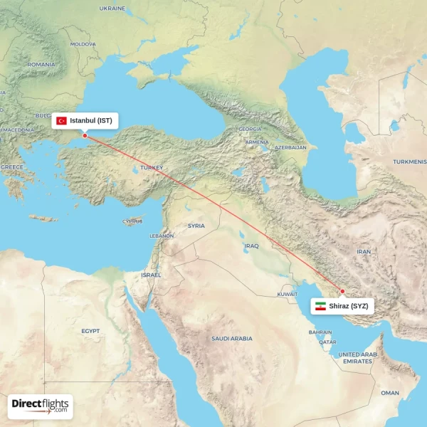 Istanbul - Shiraz direct flight map
