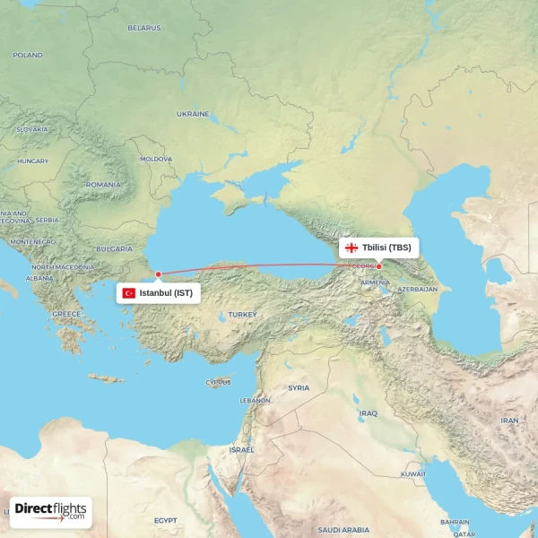 Istanbul - Tbilisi direct flight map