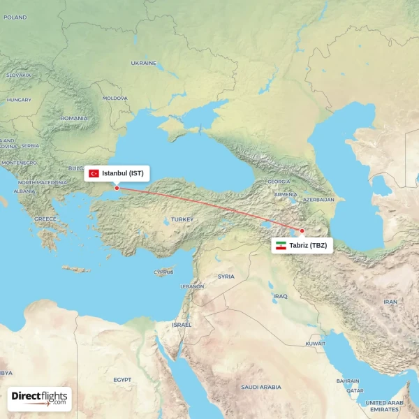 Istanbul - Tabriz direct flight map
