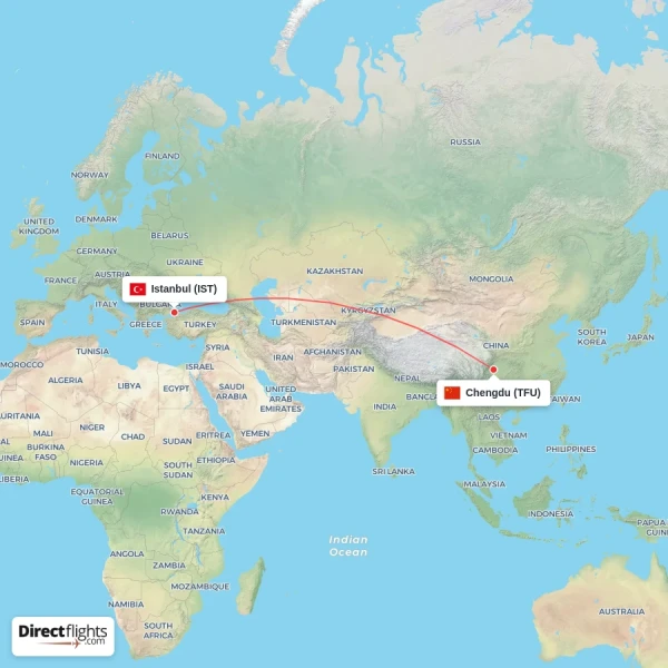 Istanbul - Chengdu direct flight map