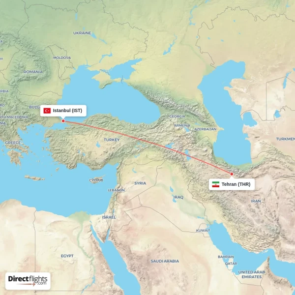 Istanbul - Tehran direct flight map