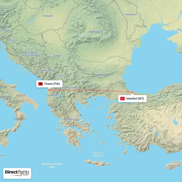 Istanbul - Tirana direct flight map