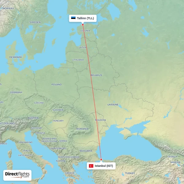 Istanbul - Tallinn direct flight map