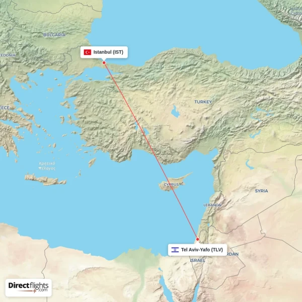 Istanbul - Tel Aviv-Yafo direct flight map