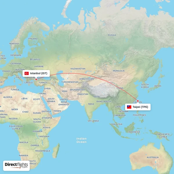 Istanbul - Taipei direct flight map