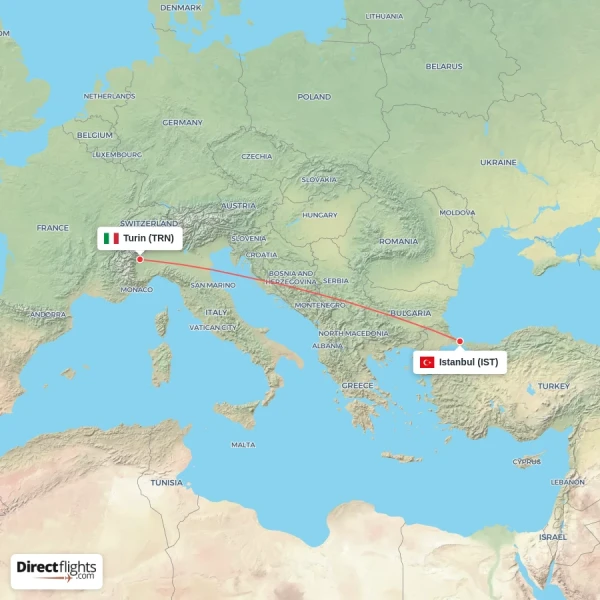 Istanbul - Turin direct flight map