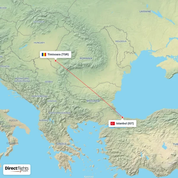 Istanbul - Timisoara direct flight map