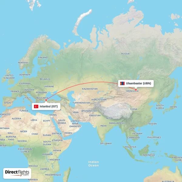 Istanbul - Ulaanbaatar direct flight map