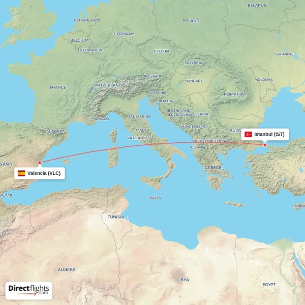 Istanbul - Valencia direct flight map