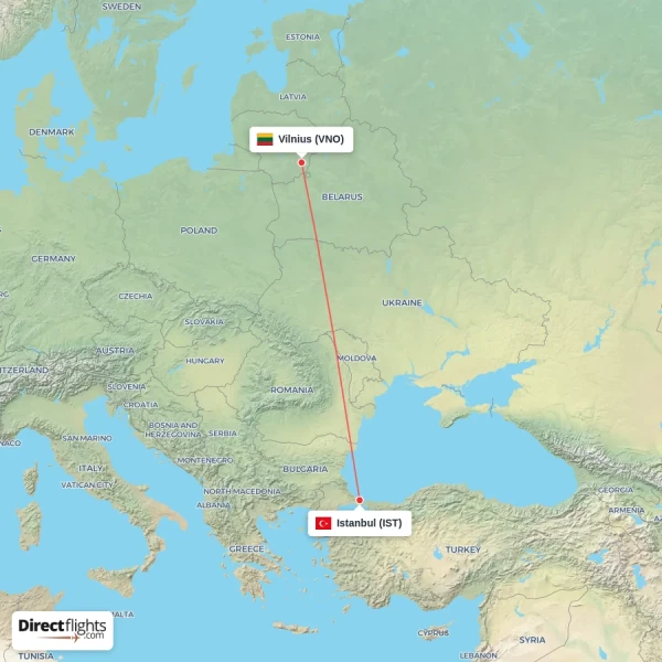 Istanbul - Vilnius direct flight map