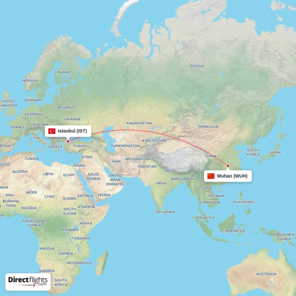 Istanbul - Wuhan direct flight map