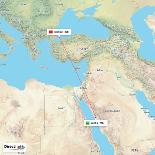 Istanbul - Yanbu direct flight map
