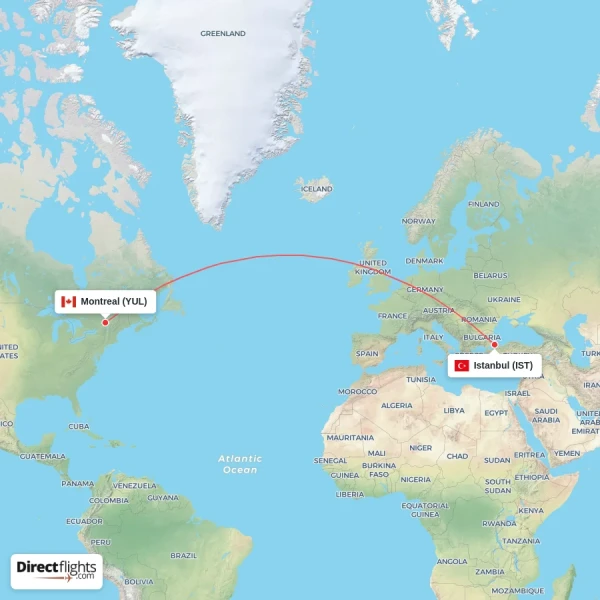 Istanbul - Montreal direct flight map