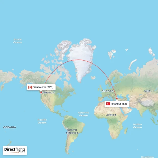 Istanbul - Vancouver direct flight map