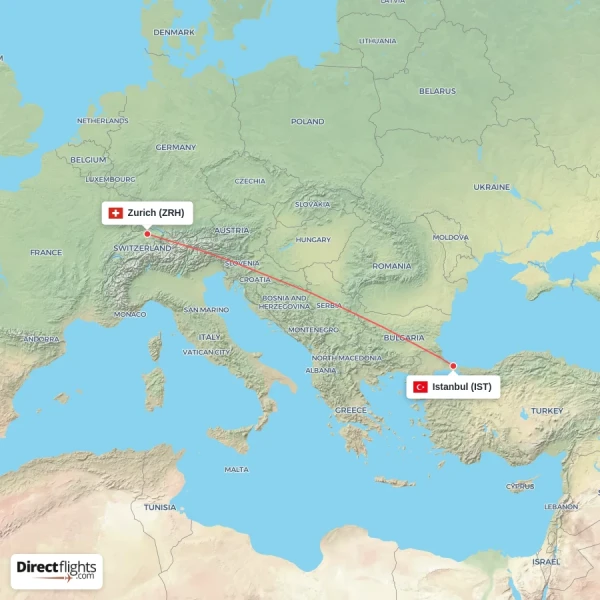 Istanbul - Zurich direct flight map