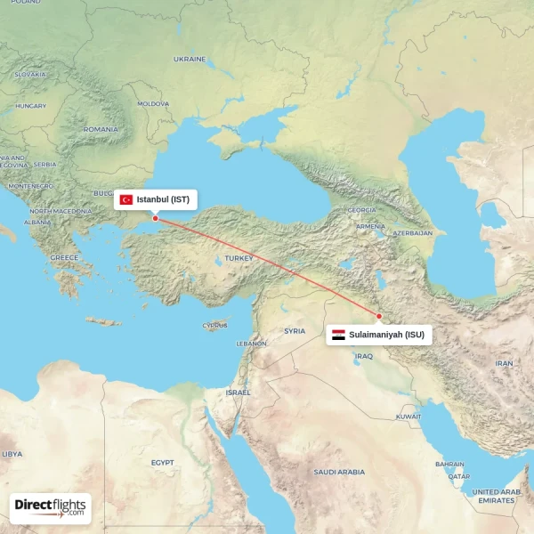 Sulaimaniyah - Istanbul direct flight map